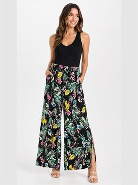 MELANIE LYNE Floral Tropical Print Pull On Flowy Wide Leg Pants Slit Hems Sz 14